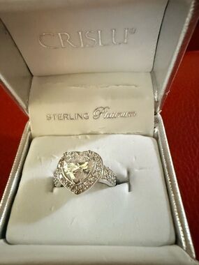 Crislu Sterling Platinum Heart Halo Ring in Silver